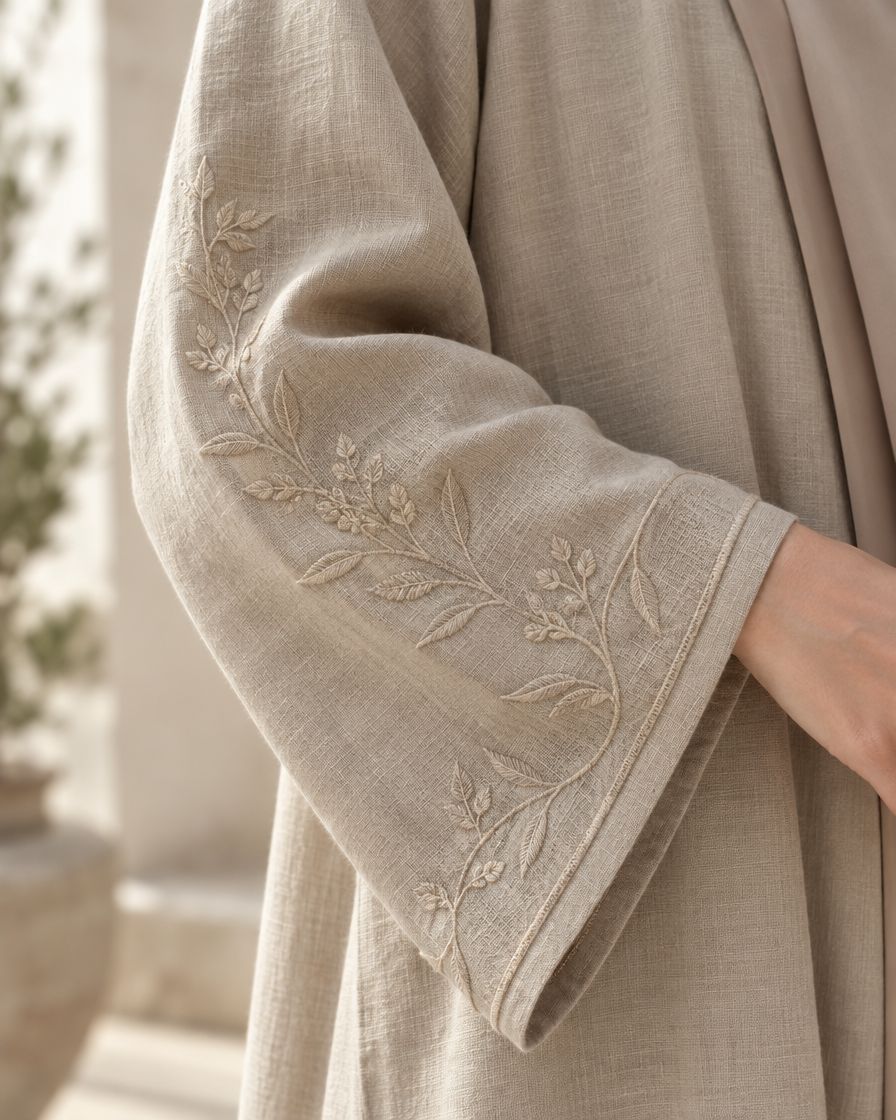 Hand embroidery in pale thread on the cuff of a beige linen abaya