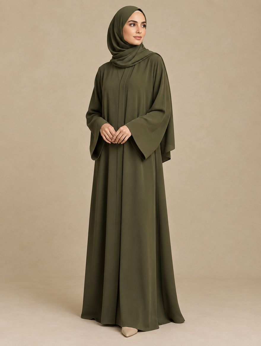 A loose olive abaya with wide sleeves in a stone-coloured studio